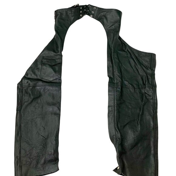Genuine Leather Black Motorcycle Chaps Moto Adjustable Buckle Straps Size S - Picture 8 of 12